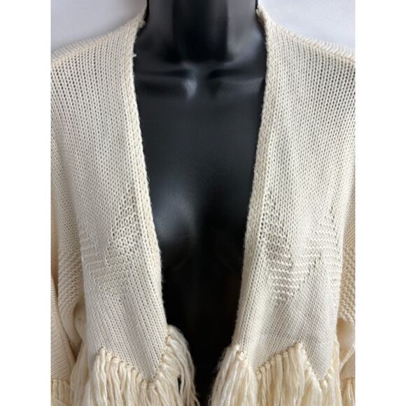 Blue B Collection Cream Beige Cardigan Chunky Knit Sweater Size S Fringe Boho - Picture 2 of 9